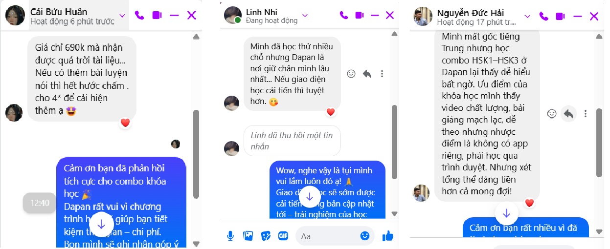 Feebback về KHÓA HỌC TIẾNG TRUNG HSK1 – HSK2 – HSK3 ONLINE